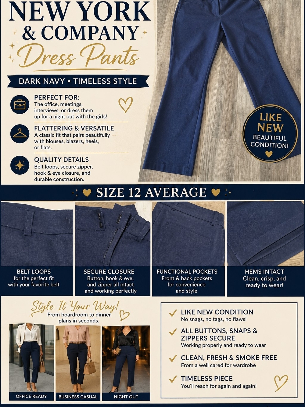 New York & Company Dark Navy Dress Pants - Size 12 Average